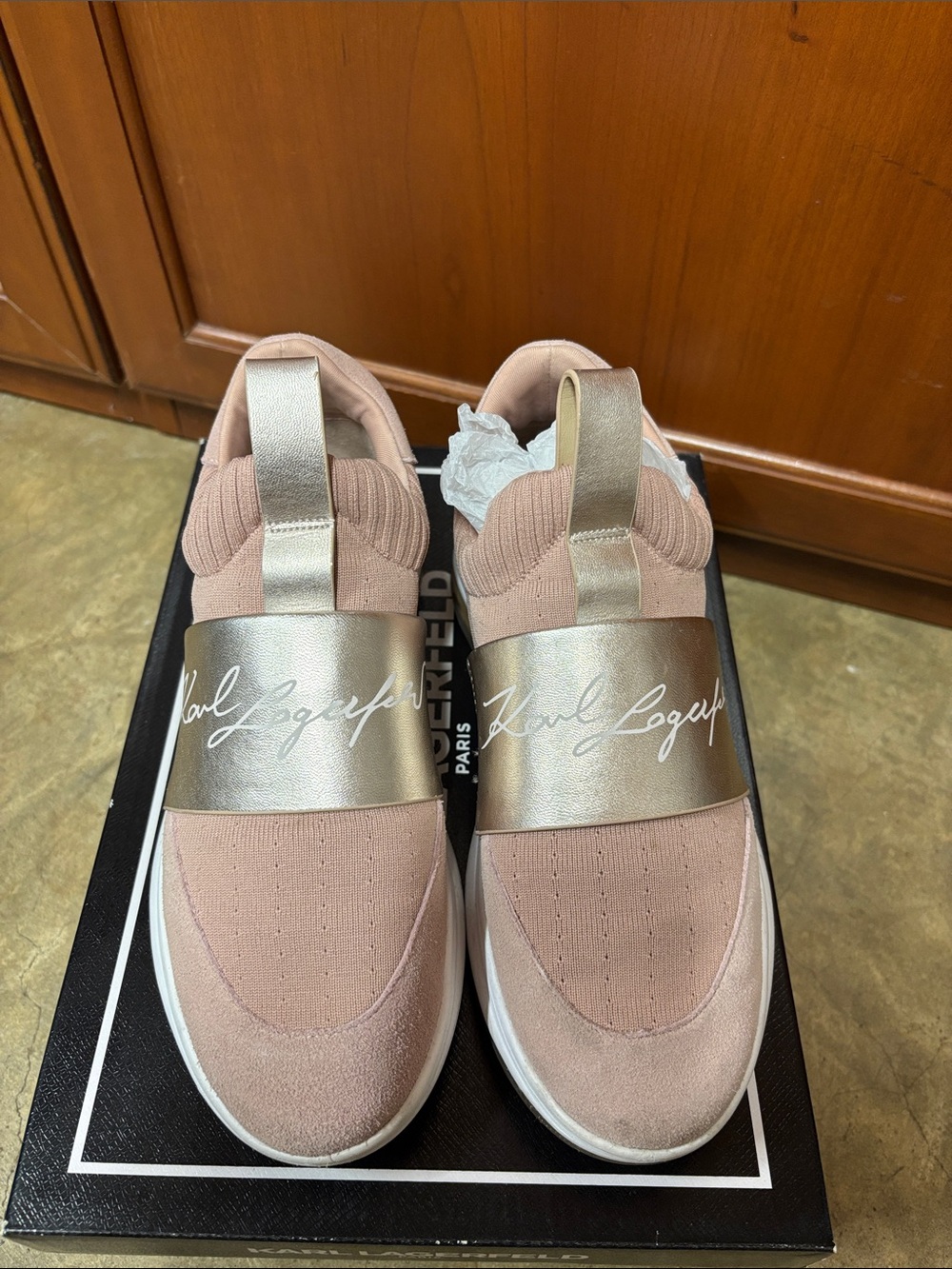 Karl Lagerfeld Pink Slip-On Sneakers with Metallic Gold Strap